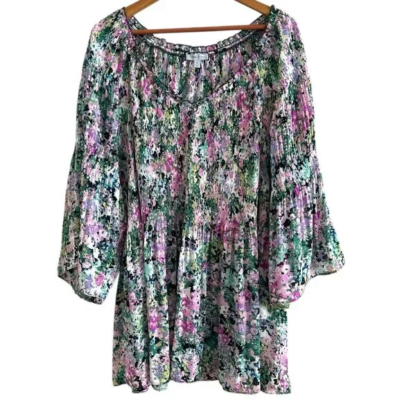 Floral & Ivy Top Size 3X Colorful Boho Peasant Cottagecore Long Sleeve Blouse - Picture 2 of 11